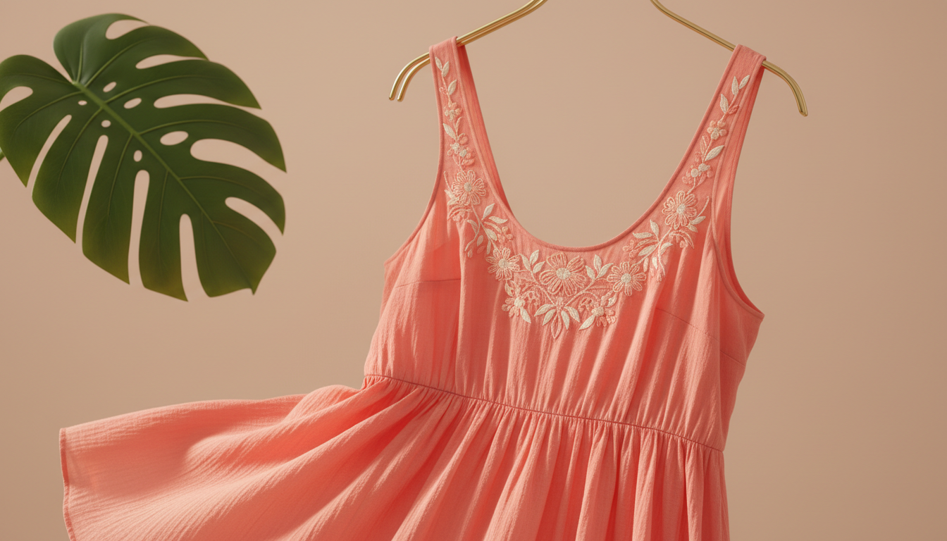 Close-up detail of a breezy coral sundress displayed on a gold metal hanger, highlighting the delicate embroidery along the neckline and the gentle drape of the lightweight fabric. The dress hangs in front of a muted peach backdrop, with a single, oversized green monstera leaf extending into the frame. Soft, diffused studio lighting brings out the intricate stitchwork and creates subtle highlights on the airy material. The composition is tightly framed and uses shallow depth of field to focus attention on luxurious fabric details. The atmosphere is fresh, stylish, and refined—matching the effortless luxury and summer appeal of Blome’s collection.