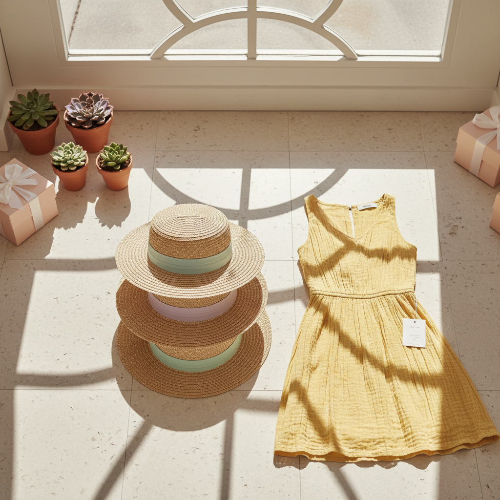 A stack of three sun hats crafted from woven straw and finished with pastel silk ribbons, artfully placed beside a neatly folded, lemon-yellow sundress on an ivory-tiled boutique floor. A large window nearby allows dappled sunlight to filter in, creating intriguing shadows and illuminating the natural textures of both straw and fabric. In the background, small potted succulents and blush pink gift boxes subtly set a relaxed retail vibe. Captured from a bird’s eye perspective, the image emphasizes a harmonious, sunlit, and gently elegant mood with a modern, light-filled look, embodying Blome’s focus on easy, sunny style.