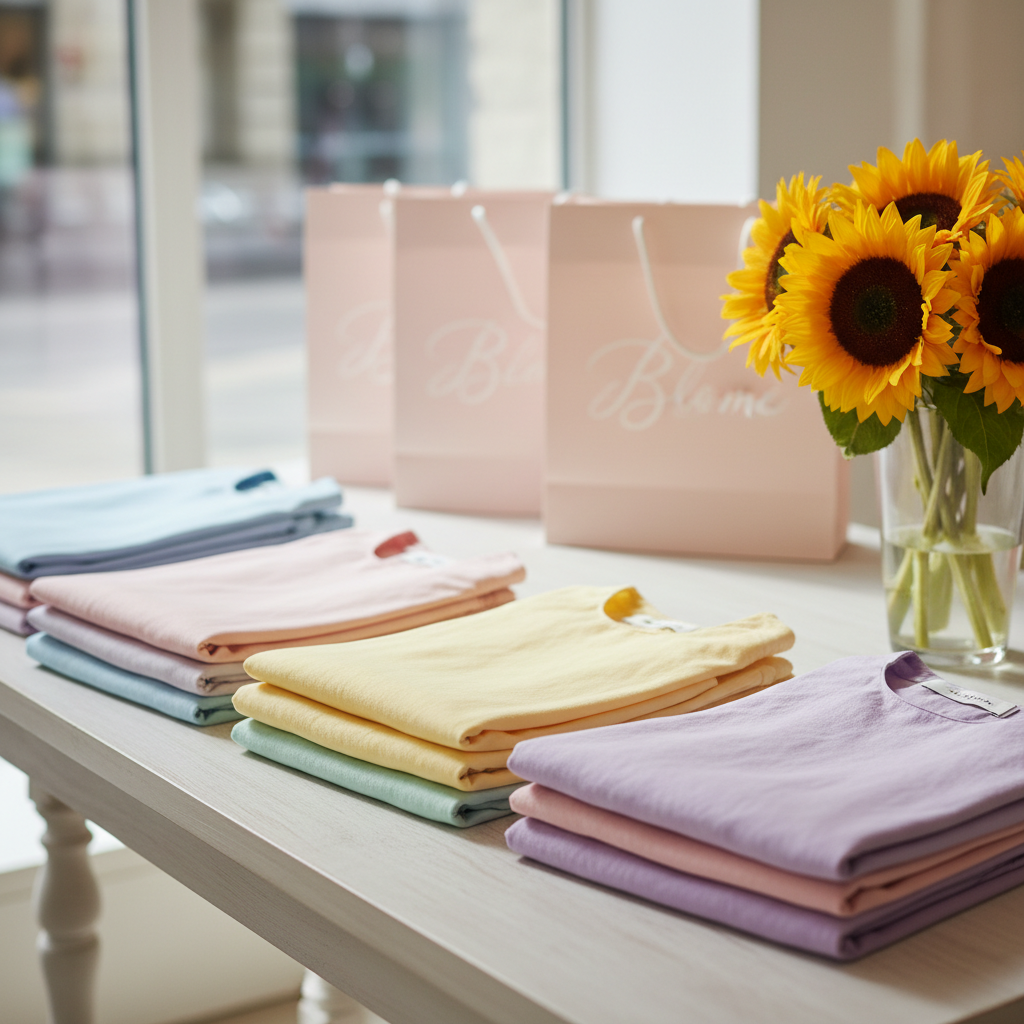 A display of neatly folded, pastel-hued sundresses made from soft linen and light cotton, sitting atop a pale wooden table near a large window. The table also holds a clear glass vase filled with fresh sunflowers, and pale pink shopping bags embossed with the Blome logo are tucked in the background. Gentle, natural daylight floods the scene, enhancing the textural details of the fabrics and adding a bright, breezy glow. The photo is composed at a slight side angle with a shallow depth of field that softly blurs the background, creating an inviting, airy atmosphere. The visual style is minimalist, fresh, and charming, perfectly suited for an effortless summer clothing store aesthetic.