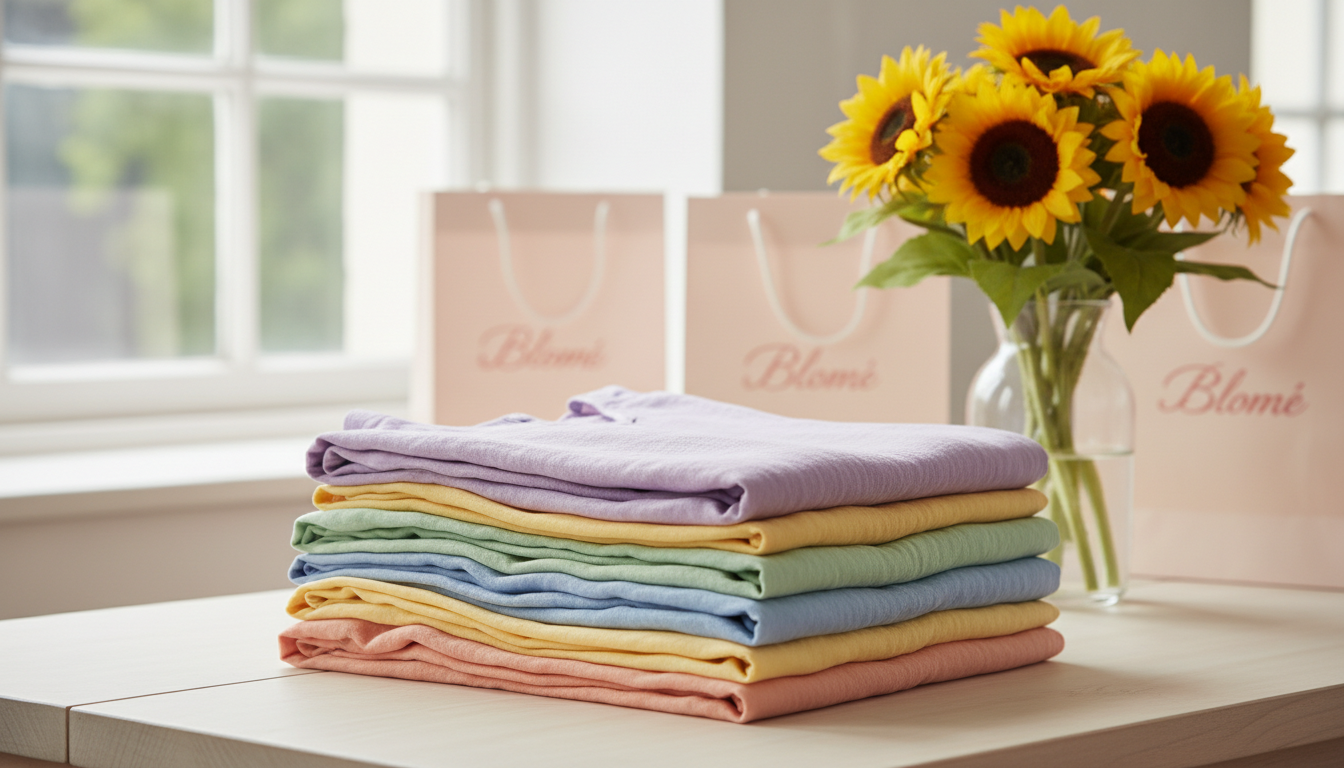 A display of neatly folded, pastel-hued sundresses made from soft linen and light cotton, sitting atop a pale wooden table near a large window. The table also holds a clear glass vase filled with fresh sunflowers, and pale pink shopping bags embossed with the Blome logo are tucked in the background. Gentle, natural daylight floods the scene, enhancing the textural details of the fabrics and adding a bright, breezy glow. The photo is composed at a slight side angle with a shallow depth of field that softly blurs the background, creating an inviting, airy atmosphere. The visual style is minimalist, fresh, and charming, perfectly suited for an effortless summer clothing store aesthetic.
