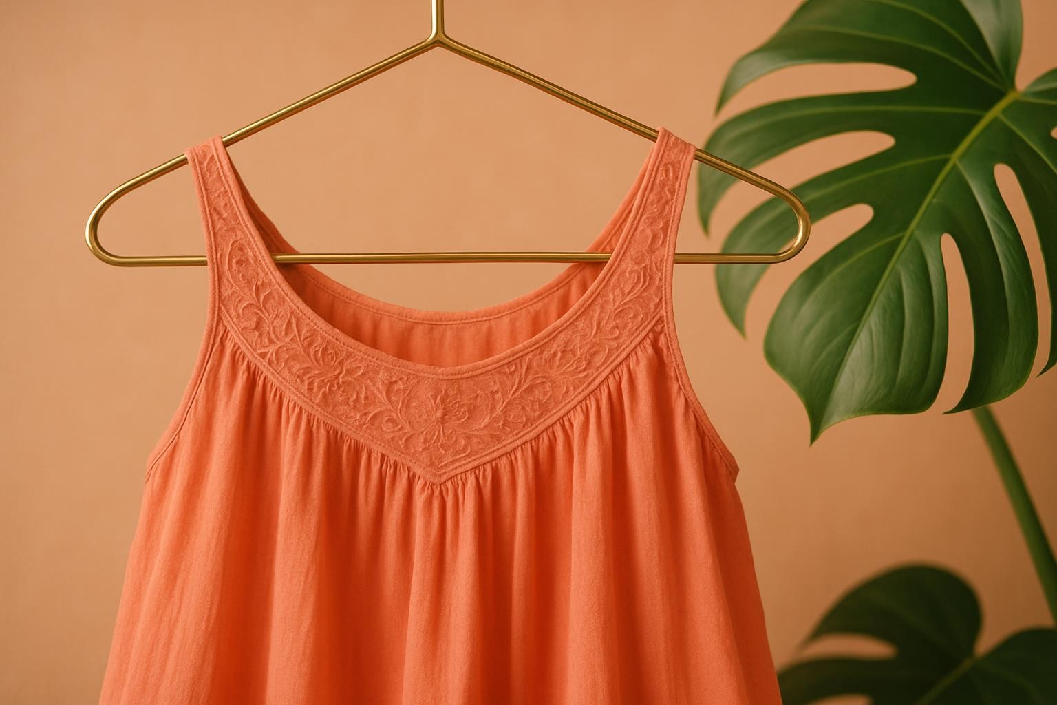 Close-up detail of a breezy coral sundress displayed on a gold metal hanger, highlighting the delicate embroidery along the neckline and the gentle drape of the lightweight fabric. The dress hangs in front of a muted peach backdrop, with a single, oversized green monstera leaf extending into the frame. Soft, diffused studio lighting brings out the intricate stitchwork and creates subtle highlights on the airy material. The composition is tightly framed and uses shallow depth of field to focus attention on luxurious fabric details. The atmosphere is fresh, stylish, and refined—matching the effortless luxury and summer appeal of Blome’s collection.